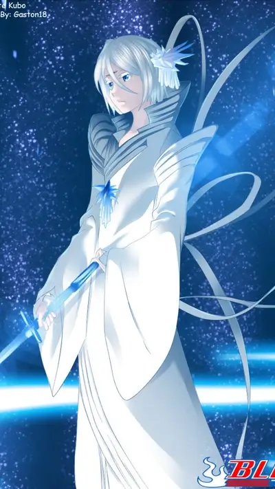 Apparition in white robes with a glowing sword in a cosmic setting