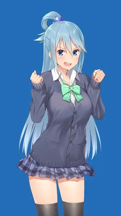 Aqua in school uniform, light blue hair, and blue eyes smiling