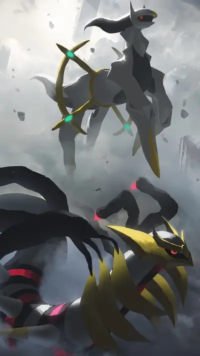 Arceus and Giratina clash in a cloudy, dramatic battle
