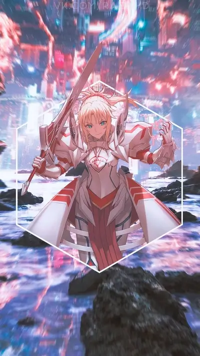 Armored anime character wielding a sword, set against a futuristic city and water