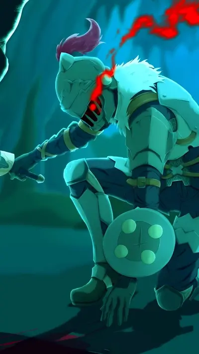 Armored warrior kneeling, eyes glowing red, ready to strike.