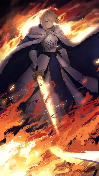 Armored warrior stands with sword amidst fiery chaos.