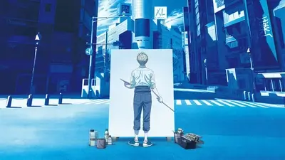 Artist standing in front of a canvas on a blue street