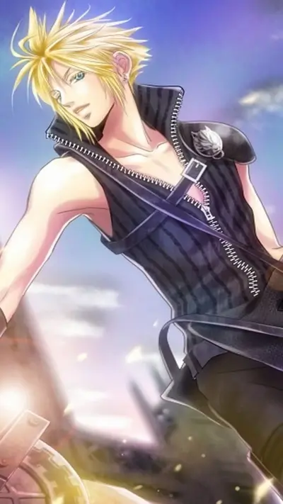 Artistic rendering of Cloud Strife in black vest, shoulder armor, blonde hair