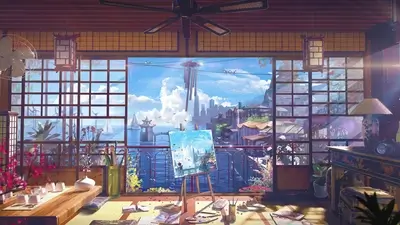 Artist's studio overlooking futuristic coastal cityscape, serene and creative atmosphere