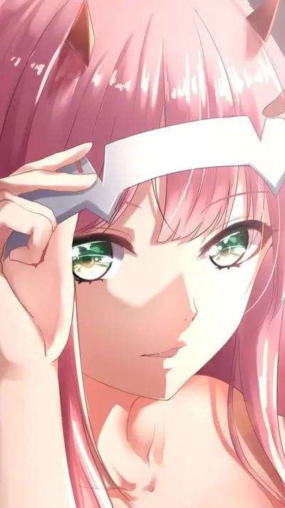 Artwork of Zero Two, pink hair, horns, hand touching headpiece