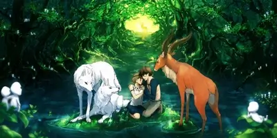 Ashitaka and San embracing in a lush magical forest with wolves