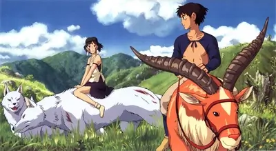 Ashitaka riding Yakul alongside San riding giant white wolf