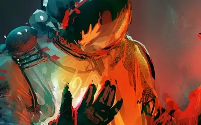 Astronaut in vibrant suit, cosmic scene
