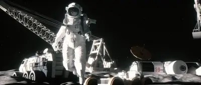 Astronaut on the moon near lunar rover and crane