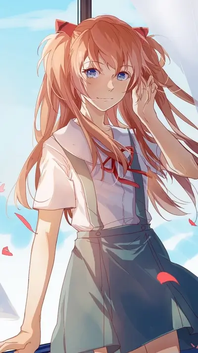 Asuka in school uniform is posing next to a window
