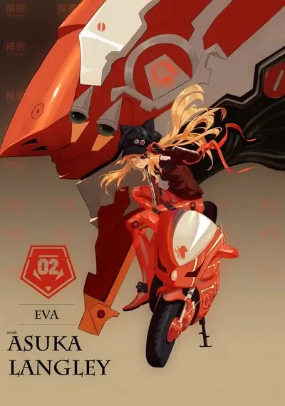 Asuka Langley in a red mecha suit riding a motorbike