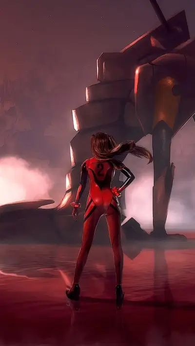 Asuka standing before Eva 02 with a red lake surface