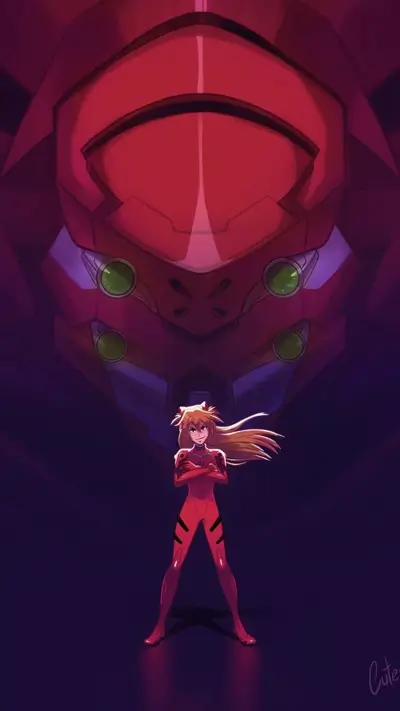 Asuka with Eva unit towering above in a red-dominant color scheme