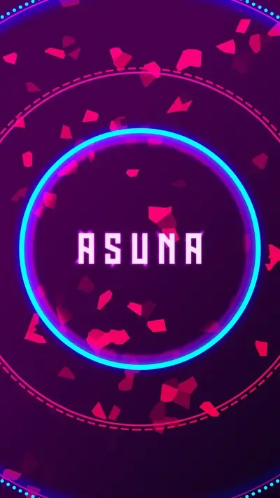 Asuna's name surrounded with bright, neon rings and geometric shapes