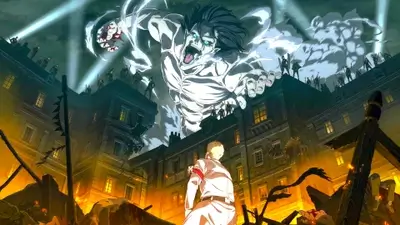 Attack Titan roaring over city streets filled with soldiers