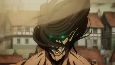 Attack titan with glowing green eyes standing in a town