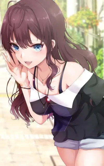 Attractive anime girl with blue eyes and long brown hair smiles at viewer.