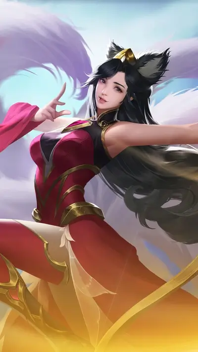 Attractive fox girl in red dress posing, anime art style