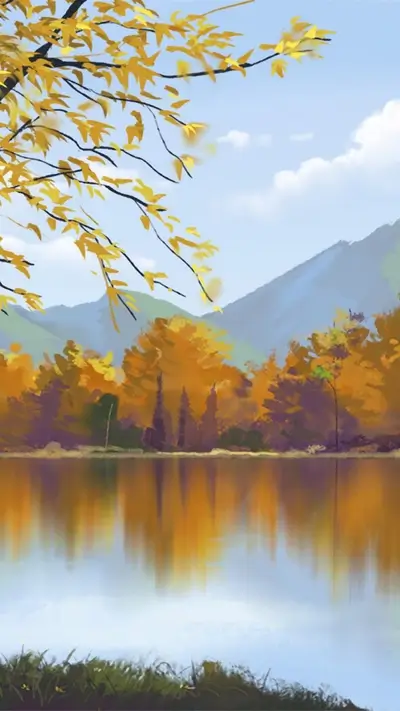 Autumnal lake reflecting colorful trees and mountains