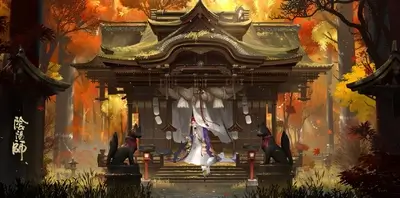 Autumnal shrine with a woman and fox spirits