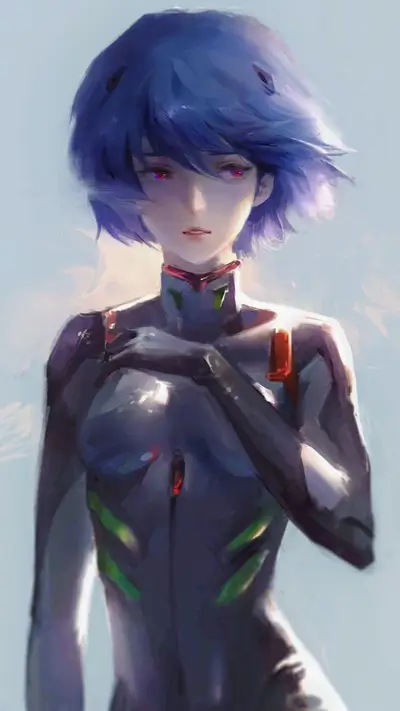 Ayanami Rei in plugsuit, gazing slightly downward with a serene and melancholic expression