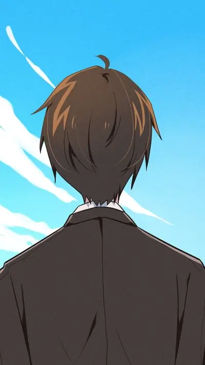 Back view of a person in a suit against a blue sky