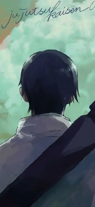 Back view of a person, with Jujutsu Kaisen title above, against a cloudy background