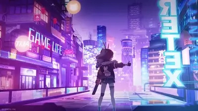 Back view of girl character overlooking cyberpunk city scene