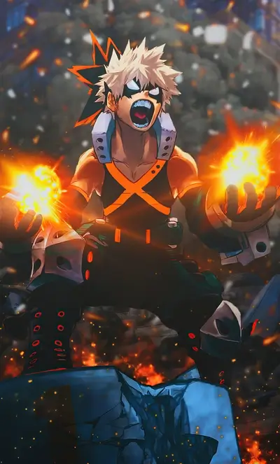 Bakugo charging explosive powers with an angry expression