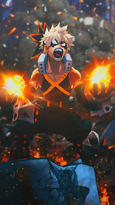 Bakugo, explosive character, stands among rubble while creating explosions in his hands