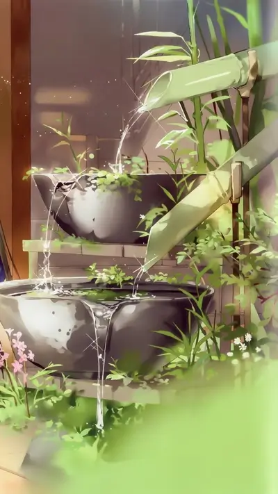 Bamboo fountain with flowing water, lush greenery, and serene ambiance