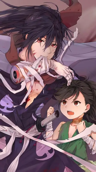Bandaged characters with red eyes and swords, looking roughed up