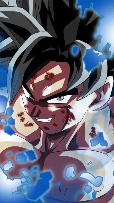 Battle-damaged Ultra Instinct Goku looking fierce, ready for the next fight