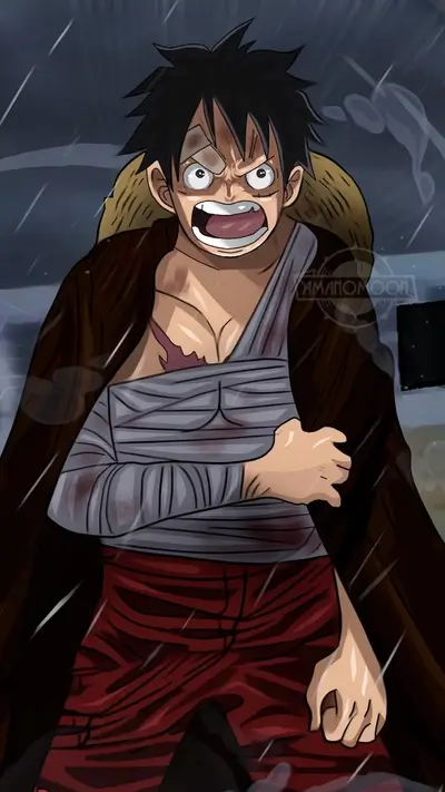 Battle-worn male character in straw hat, bandaged, and rain