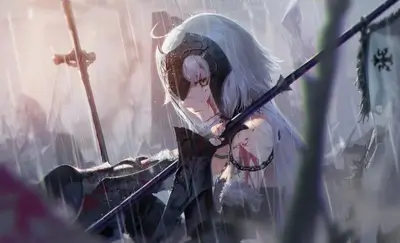 Battle-worn woman with white hair and dark armor in a rainy setting