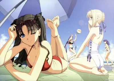 Beach scene with four girls in swimsuits