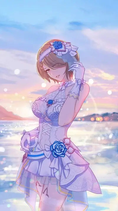 Beautiful girl in a wedding dress by the sea