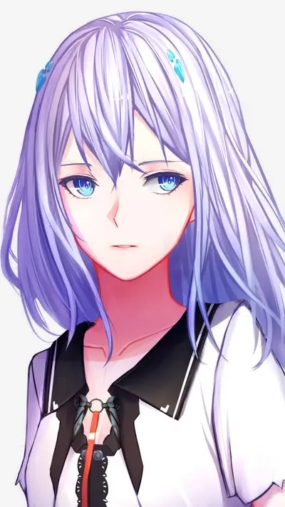 Beautiful girl with violet hair and captivating blue eyes, wearing a school uniform