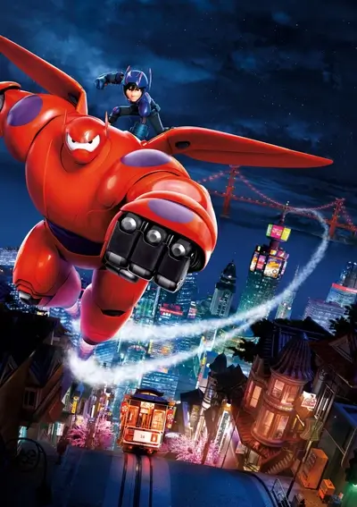 Big Hero 6 soaring over a futuristic city