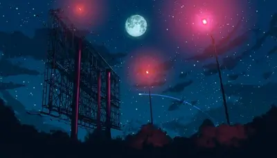 Billboard silhouette under full moon and starry night sky, city lights shining