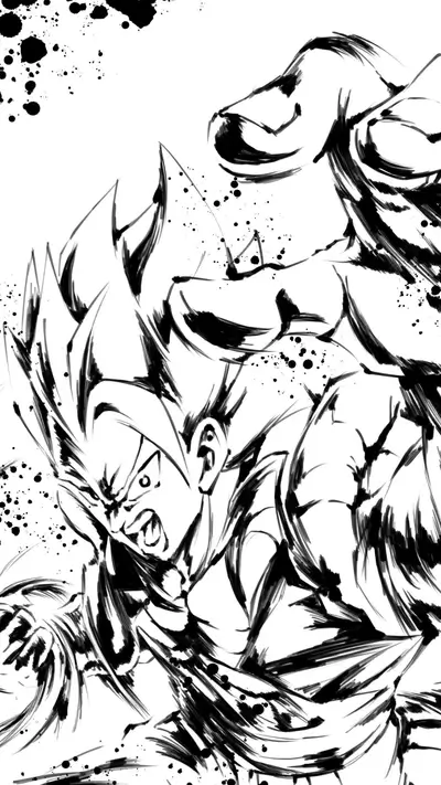 Black and white ink drawing of two figures fighting