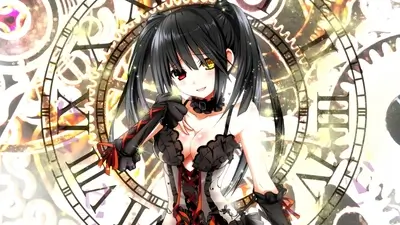 Black haired girl with twintails standing before a large clock