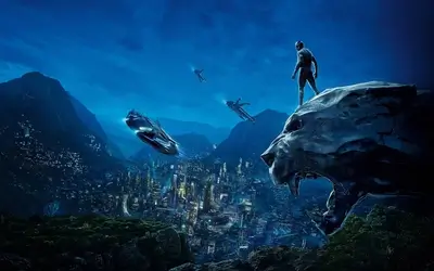 Black Panther standing on a lion-shaped rock, city and flying vehicles in background