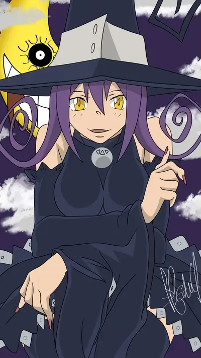 Blair from Soul Eater smiles, witchy attire, whimsical moon.
