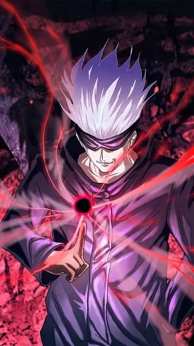 Blindfolded anime man wielding a dark energy sphere