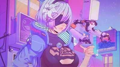 Blindfolded woman with white flower, robotic arm serving tea against cityscape