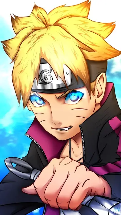 Blond anime character holding sword, determined expression