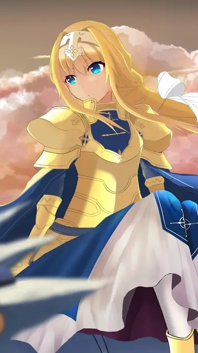 Blond anime girl in golden armor, royal attire, and soft lighting
