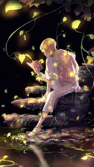 Blond boy reading book near water